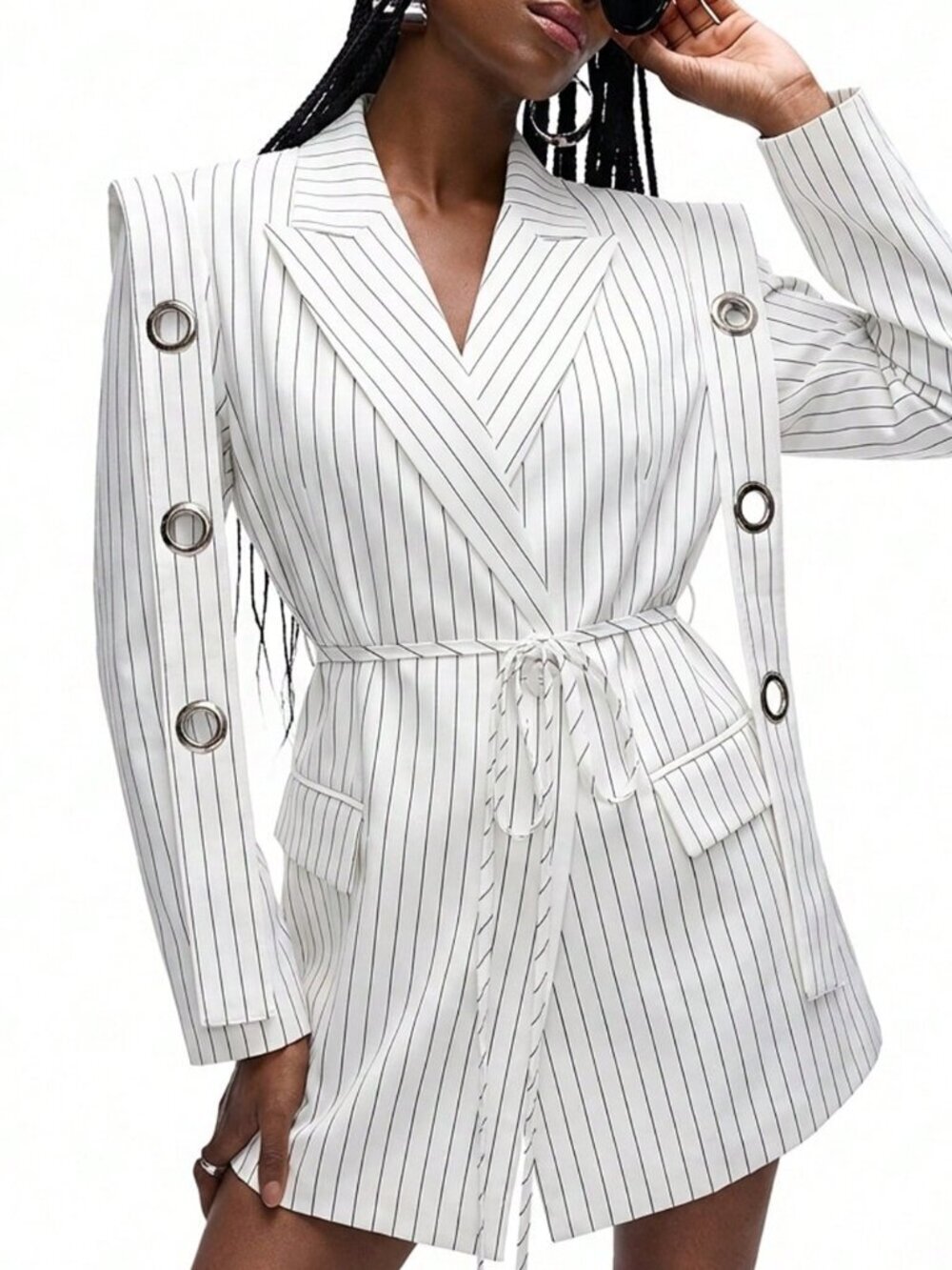 White Elegant Women's Striped Lapel Wide Shoulder Long Sleeve Blazer